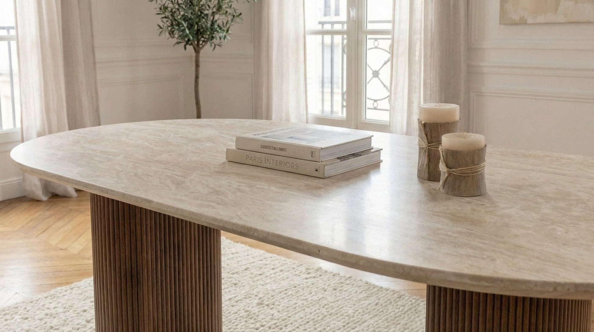 Table à manger ovale CALYPSO avec plateau céramique desin - TRUST INDUSTRIE - bois noyer  - 