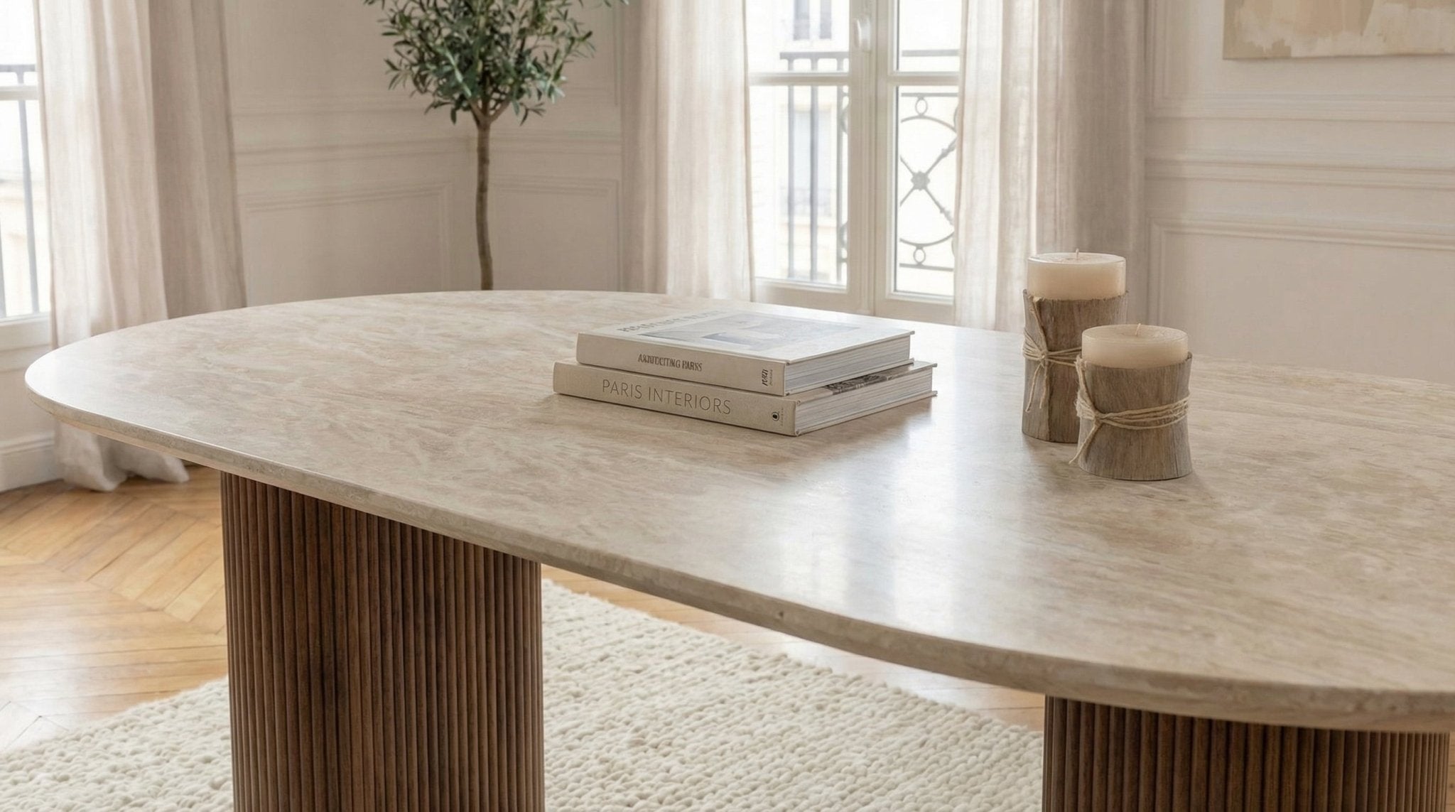 Table à manger ovale CALYPSO avec plateau céramique desin - TRUST INDUSTRIE - bois noyer  - 