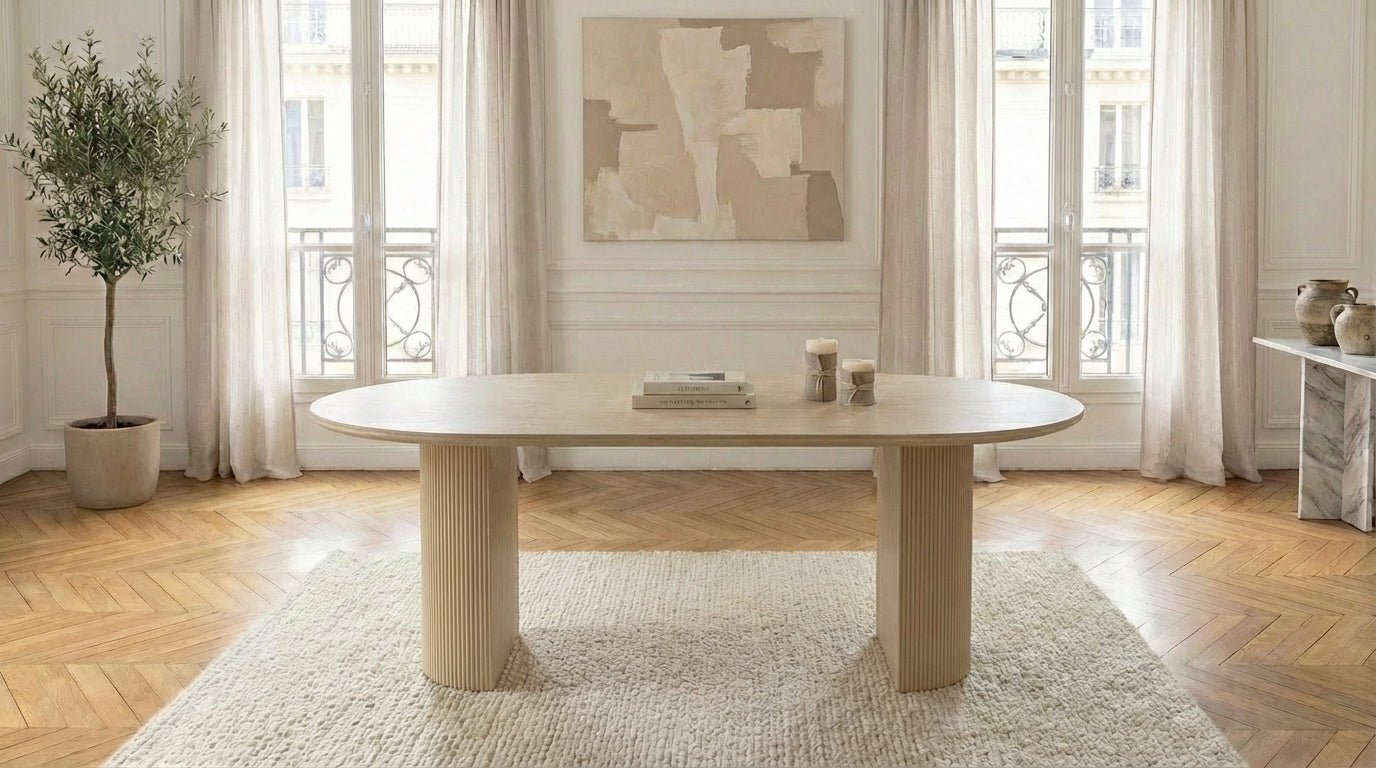 Table à manger ovale CALYPSO pour 6 personnes avec plateau en céramique - TRUST INDUSTRIE - plateau travertin- 