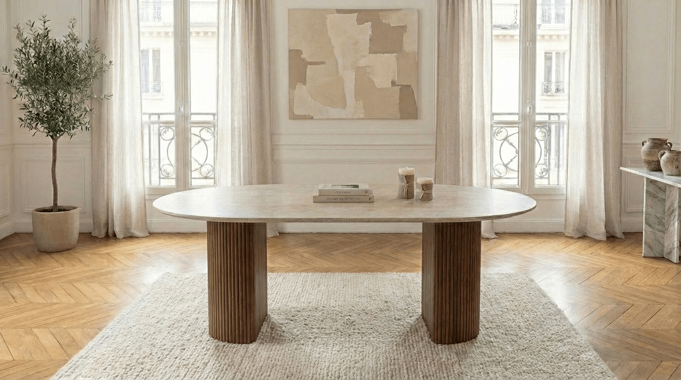 Table à manger ovale CALYPSO pour 6 personnes avec plateau en céramique et pieds bois marron - TRUST INDUSTRIE -  Bois noyer