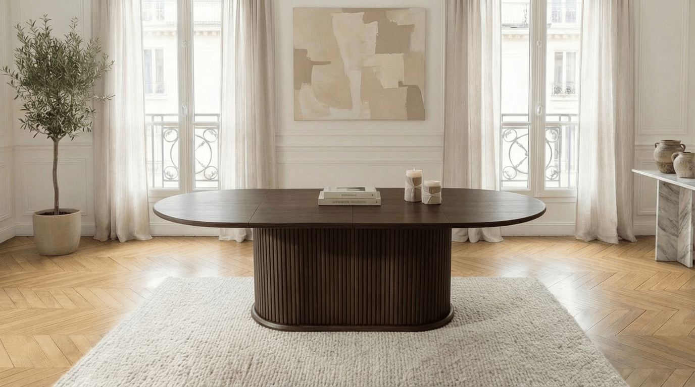Table à manger ovale extensible ANEYA pour 6 personnes avec plateau en bois et pieds bois marron - TRUST INDUSTRIE - Travertin - Bois noyer - 