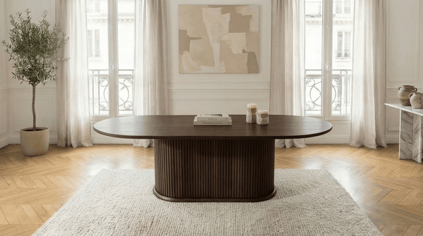 Table à manger ovale extensible ANEYA pour 6 personnes avec plateau en bois et pieds bois marron - TRUST INDUSTRIE - Travertin - Bois noyer - 