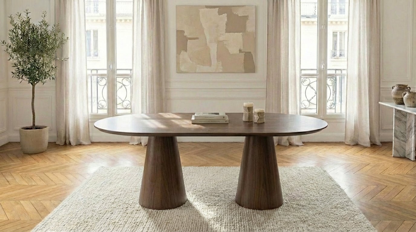 Table à manger ovale ICONIC pour 6 personnes avec plateau céramique et pieds en bois - TRUST INDUSTRIE - Bois noyer - Travertin - 