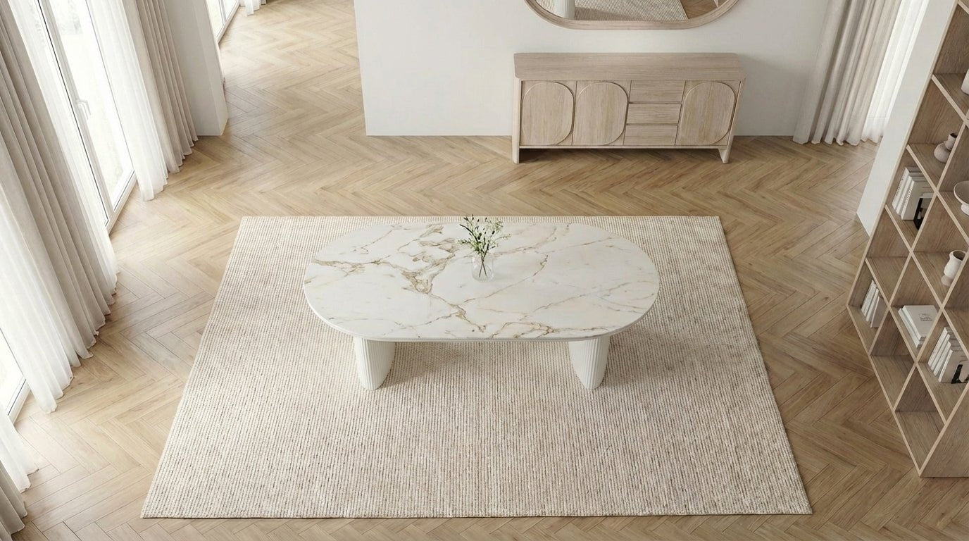 Table à manger ovale JOSEPHINE avec plateau en céramique et pieds bois - TRUST INDUSTRIE - Marbré blanc - 180 x 90 cm - 