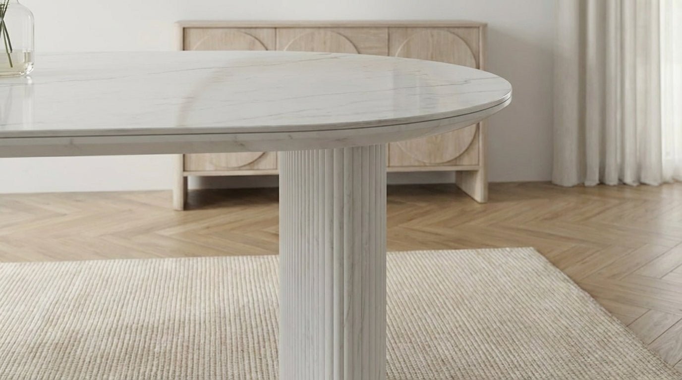 Table à manger ovale JOSEPHINE avec plateau en céramique et pieds bois - TRUST INDUSTRIE - Marbré beige - 180 x 90 cm - 