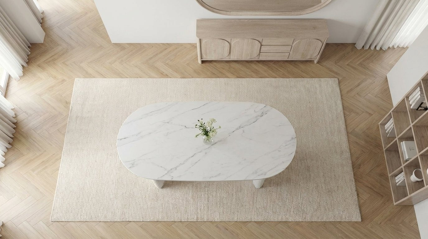 Table à manger ovale JOSEPHINE avec plateau en céramique et pieds bois - TRUST INDUSTRIE - Marbré blanc - 180 x 90 cm - 