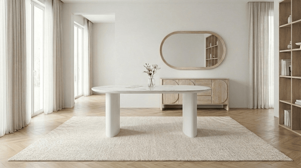 Table à manger ovale JOSEPHINE avec plateau en céramique et pieds bois - TRUST INDUSTRIE - Marbré beige - 180 x 90 cm - 