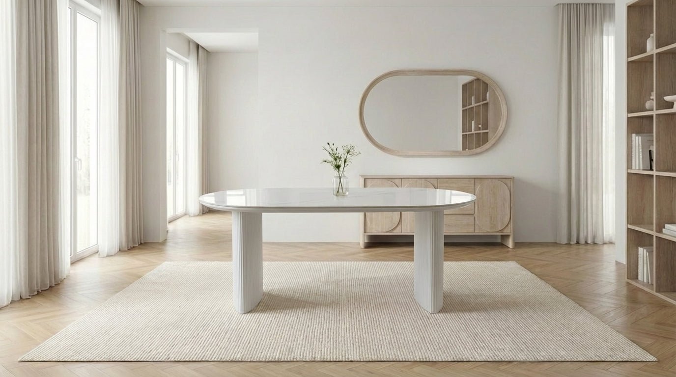 Table à manger ovale JOSEPHINE avec plateau en céramique et pieds bois - TRUST INDUSTRIE - Marbré blanc - 180 x 90 cm - 