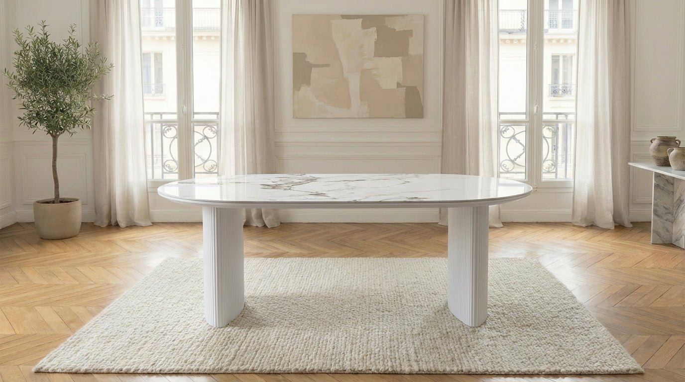 Table à manger ovale JOSEPHINE pour 6 personnes avec plateau en céramique 180X90 et pieds bois blanc - TRUST INDUSTRIE - Marbré blanc - Blanc - 