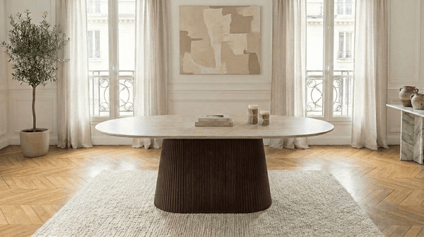 Table à manger ovale KIMBERLY BROWN pour 6 personnes avec plateau en marbre et pied central - TRUST INDUSTRIE - 