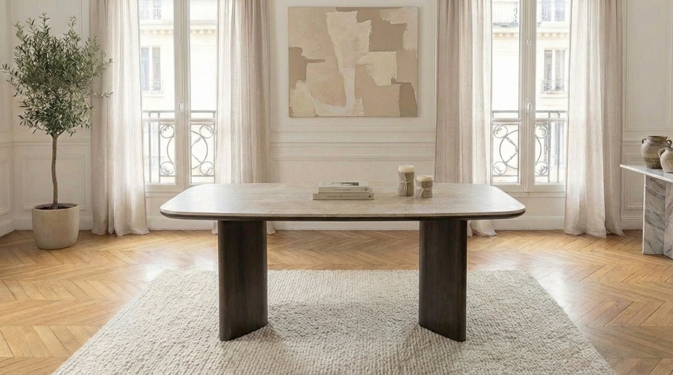 Table à manger rectangulaire ALBA pour 6 personnes avec plateau en céramique et pieds bois marron - TRUST INDUSTRIE - Travertin - Bois noyer - 