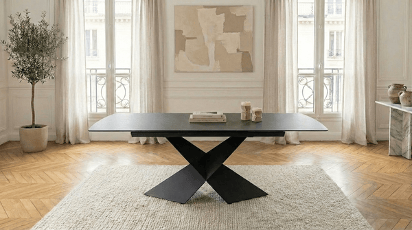 Table à manger rectangulaire extensible EMPIRE pour 8 personnes avec plateau céramique et pied central - TRUST INDUSTRIE - Marbré noir or - Noir - 