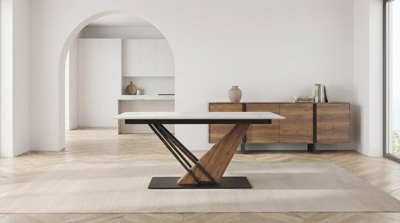 Table à manger rectangulaire extensible GENESIS en céramique avec plateau en marbre - TRUST INDUSTRIE - Blanc - Noir - 160 - 220 cm