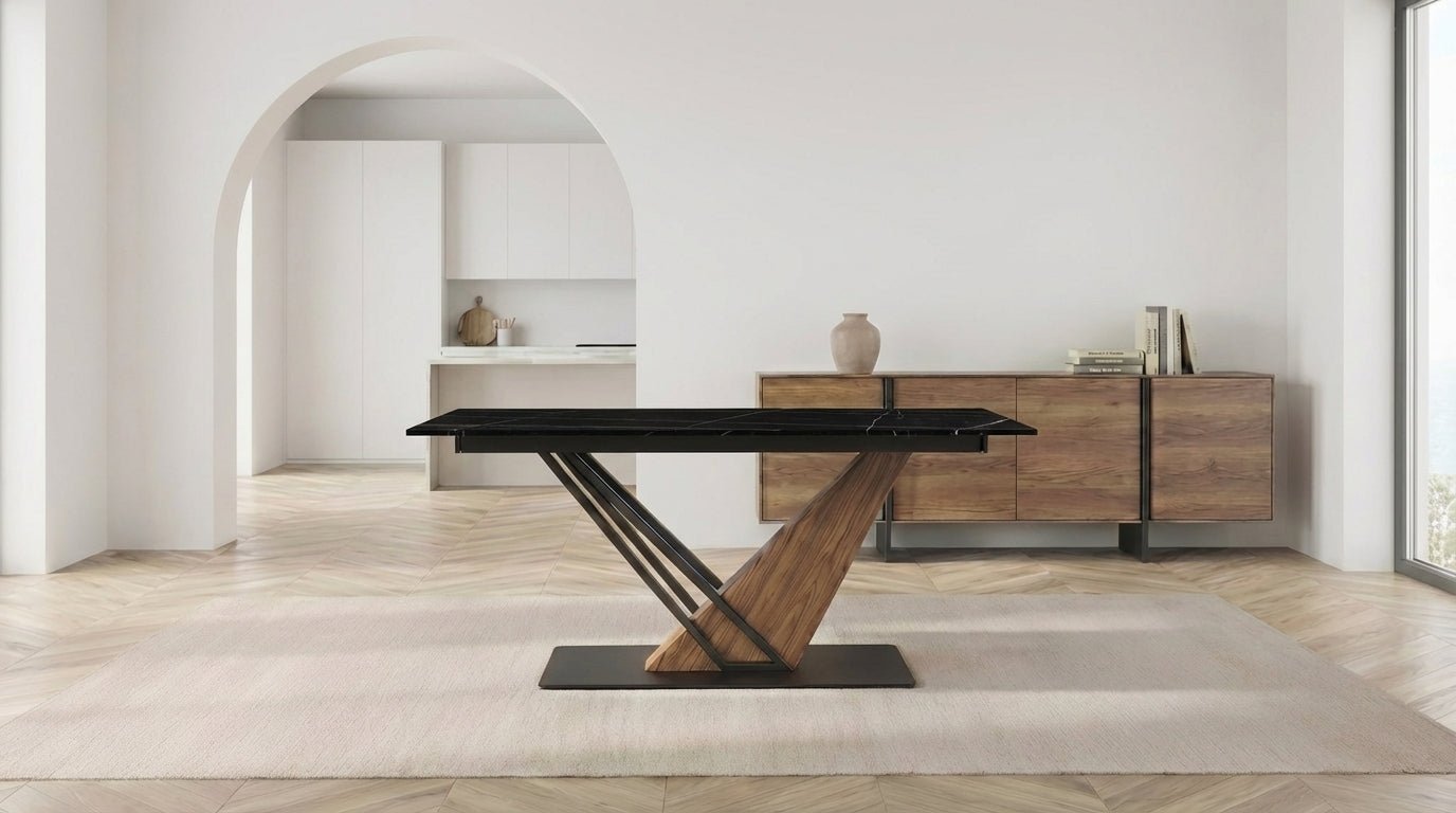 Table à manger rectangulaire extensible GENESIS en céramique avec plateau en marbre - TRUST INDUSTRIE - Blanc - Noir - 160 - 220 cm