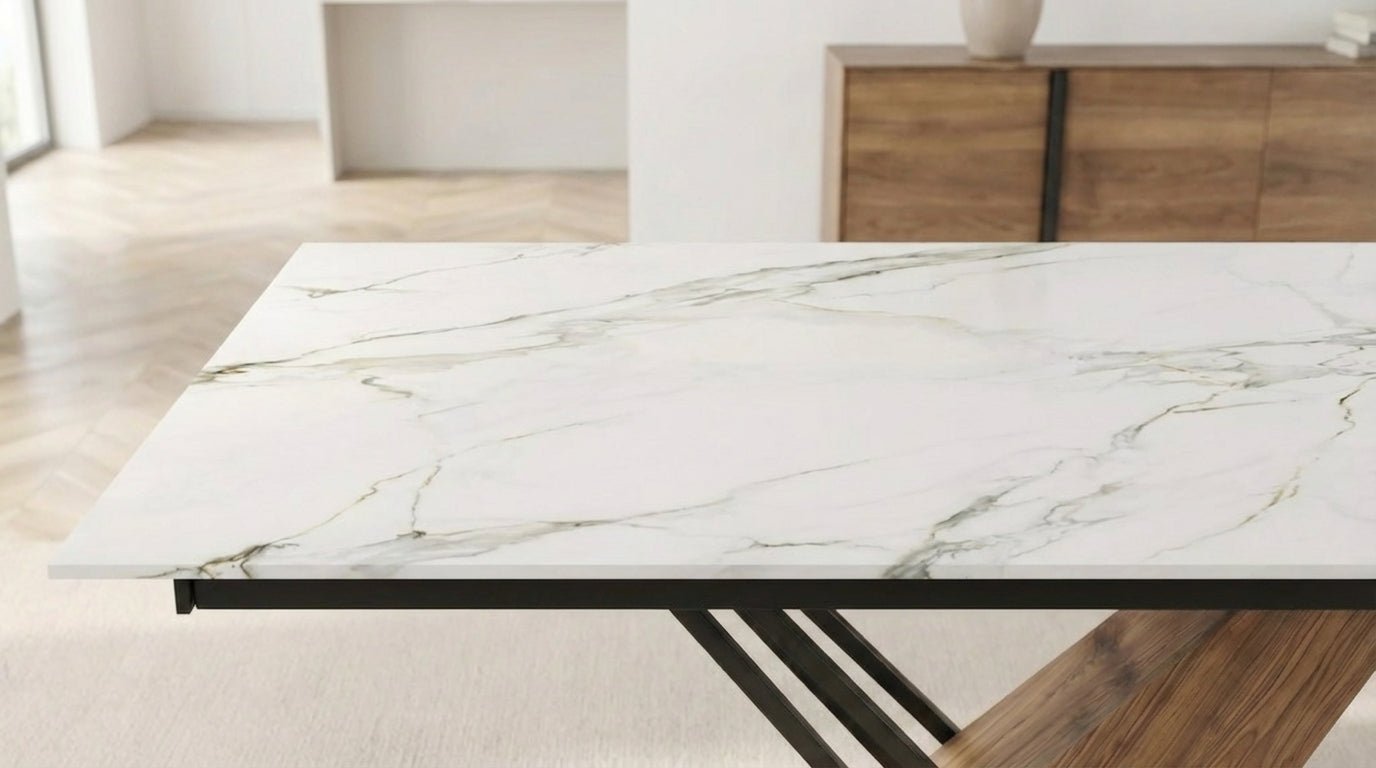 Table à manger rectangulaire extensible GENESIS en céramique avec plateau en marbre - TRUST INDUSTRIE - Blanc - Noir - 160 - 220 cm