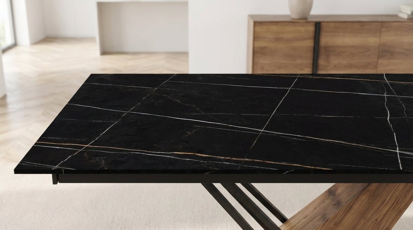 Table à manger rectangulaire extensible GENESIS en céramique avec plateau en marbre - TRUST INDUSTRIE - Noir - Noir - 160 - 220 cm