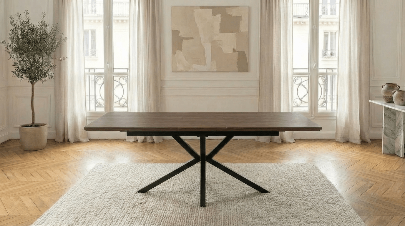 Table à manger rectangulaire extensible LOGAN pour 8 personnes avec plateau bois et pied central - TRUST INDUSTRIE - Bois noyer - Noir - 