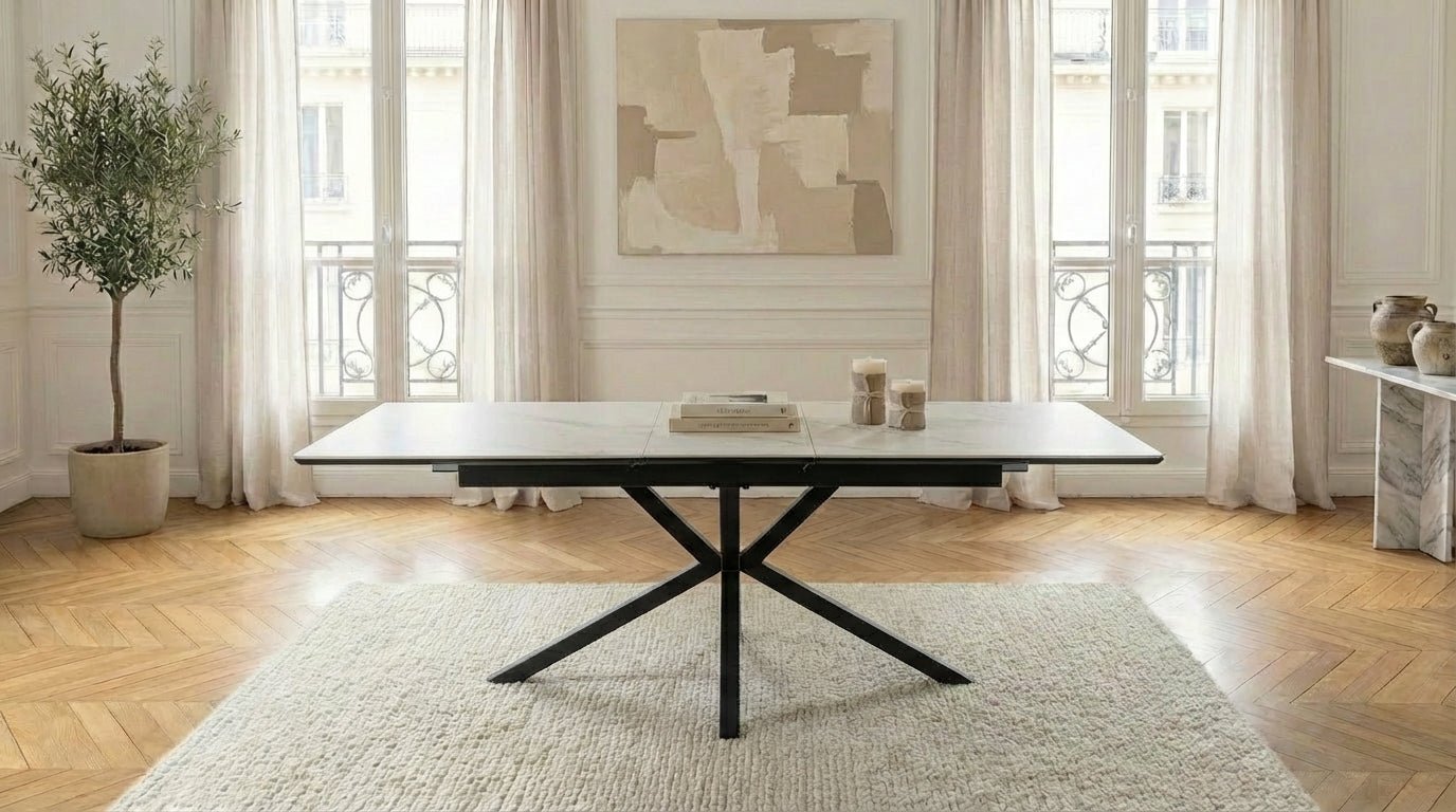 Table à manger rectangulaire extensible LOGAN pour 8 personnes avec plateau céramique et pied central - TRUST INDUSTRIE - Marbré blanc - Noir - 