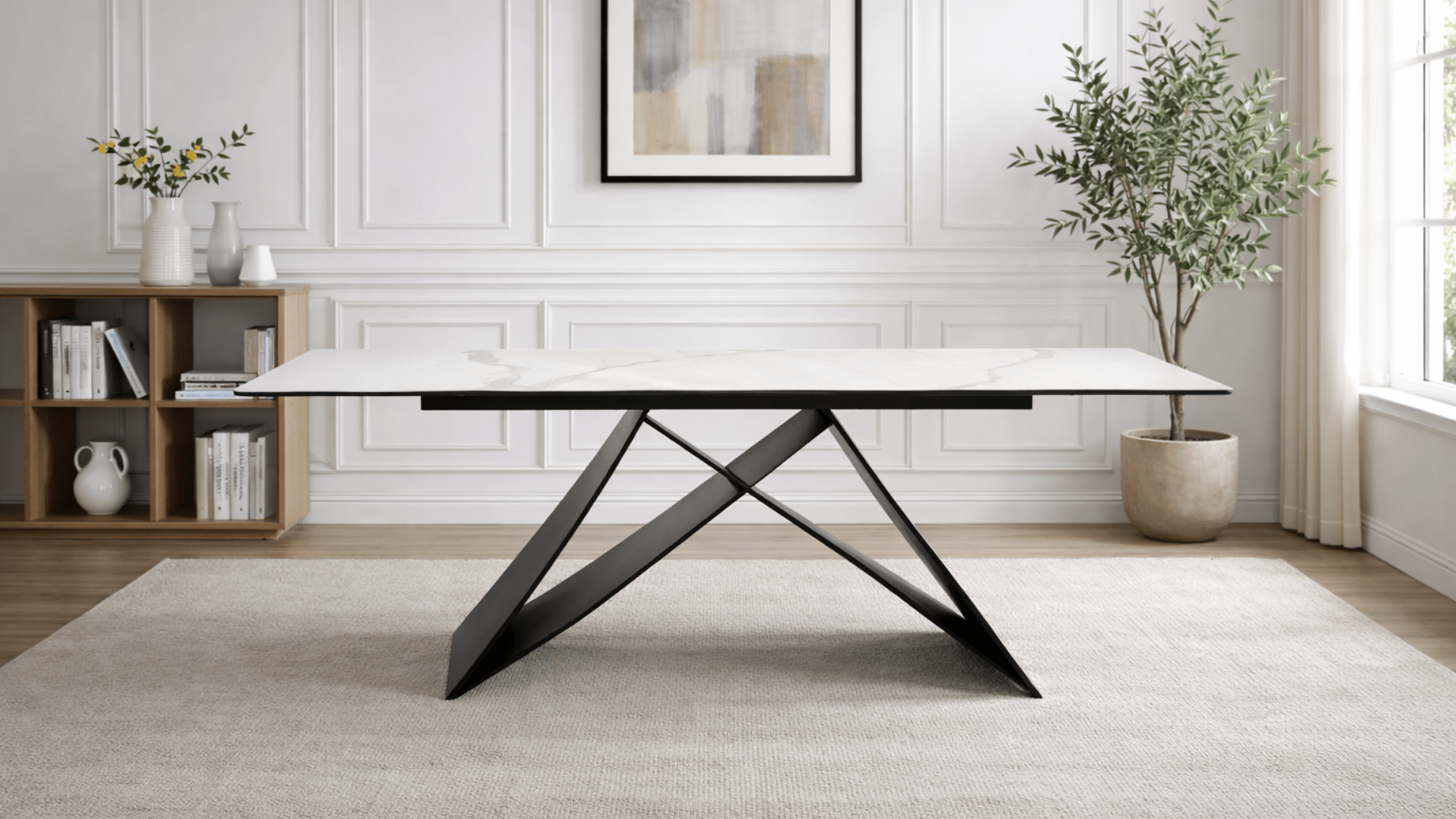Table à manger rectangulaire extensible WESTIN pour 10 personnes avec plateau céramique 180X260 et pied central en acier noir - TRUST INDUSTRIE - Marbre blanc - Noir - 