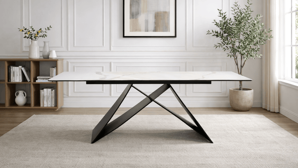 Table à manger rectangulaire extensible WESTIN pour 10 personnes avec plateau céramique 180X260 et pied central en acier noir - TRUST INDUSTRIE - Marbre blanc - Noir - 