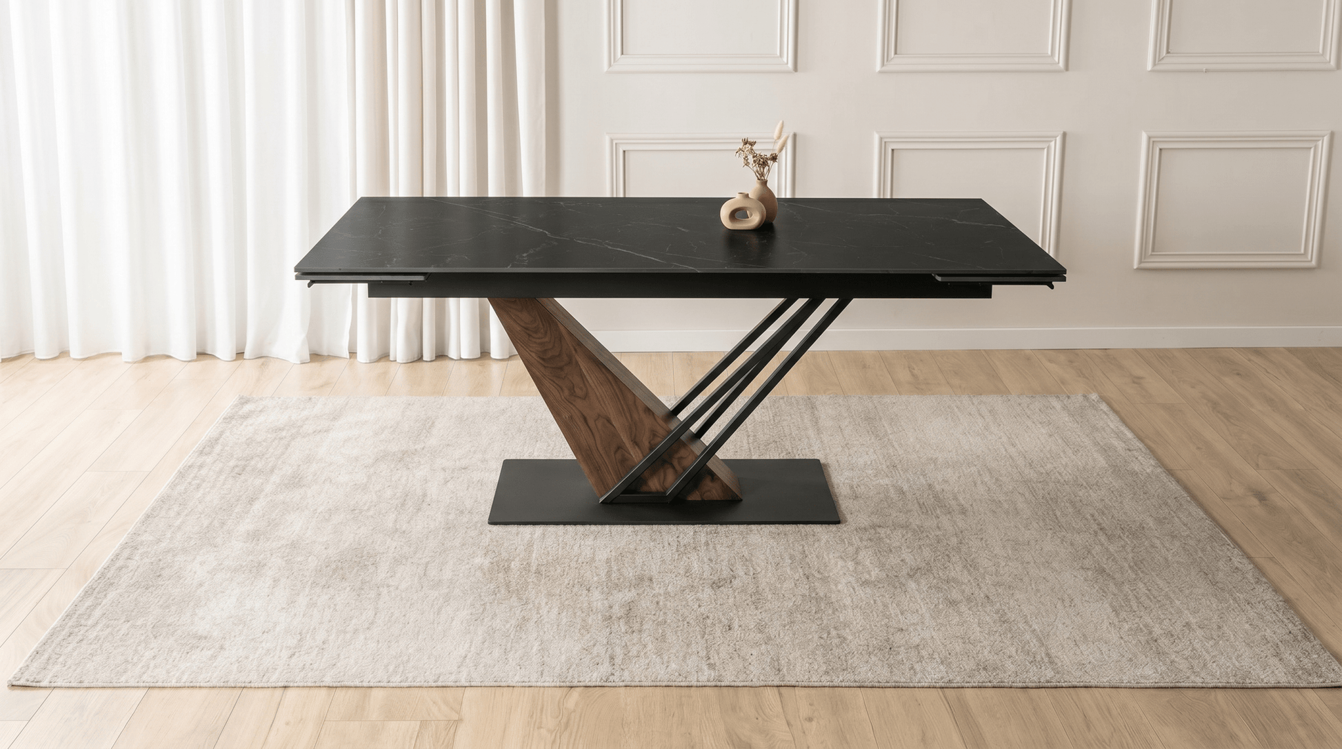 Table à manger REX - TRUST INDUSTRIE - Marbre noir / pied effet noyer - 