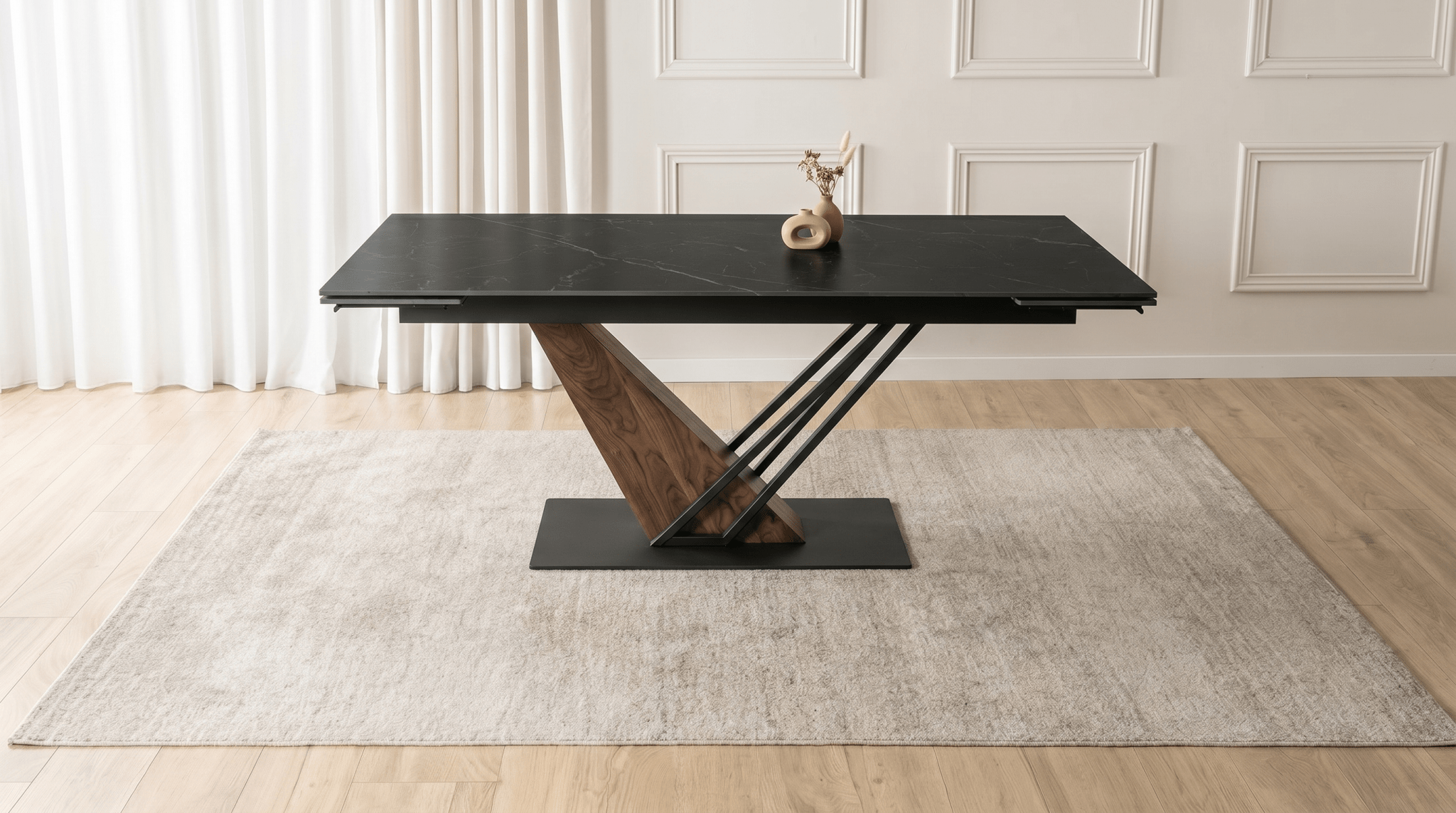 Table à manger REX - TRUST INDUSTRIE - Marbre noir / pied effet noyer - 