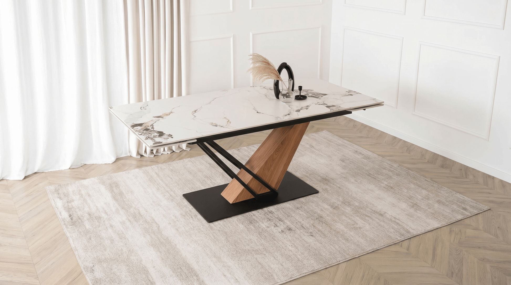 Table à manger REX - TRUST INDUSTRIE - Marbre blanc / pied effet chêne