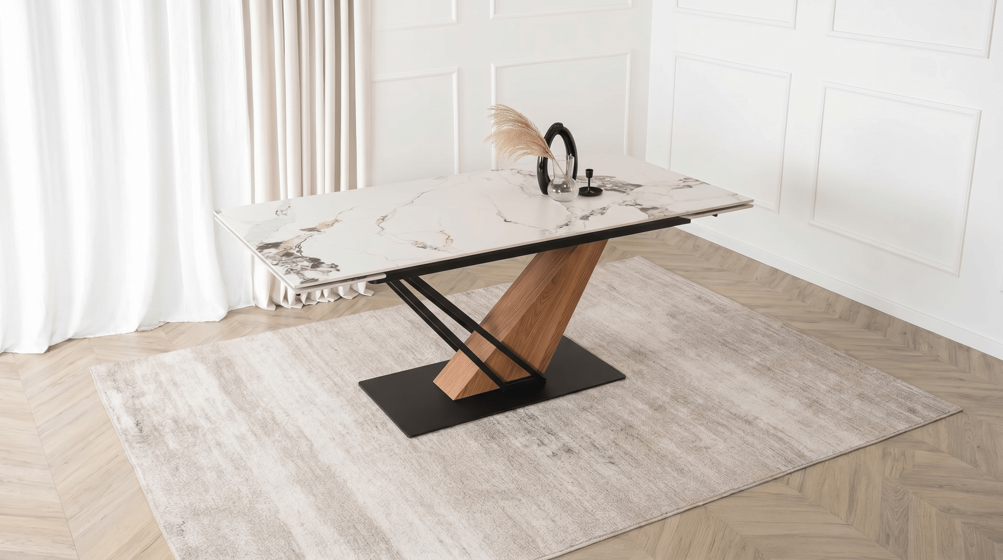 Table à manger REX - TRUST INDUSTRIE - Marbre blanc / pied effet chêne