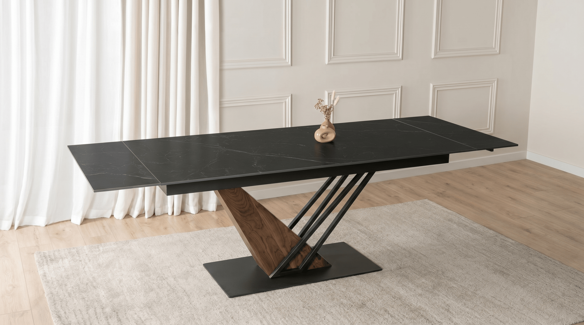 Table à manger REX - TRUST INDUSTRIE - Marbre noir / pied effet noyer - 
