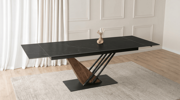 Table à manger REX - TRUST INDUSTRIE - Marbre noir / pied effet noyer - 