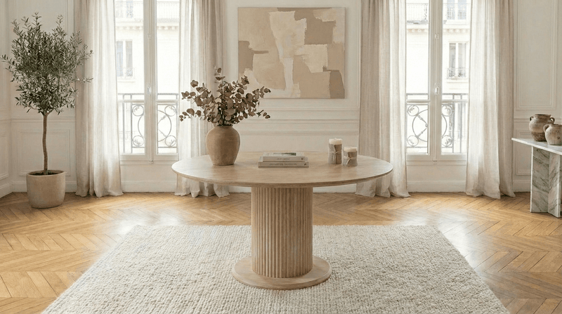 Table à manger ronde AXEL pour 4 personnes avec plateau effet marbre 100X90 et pied central