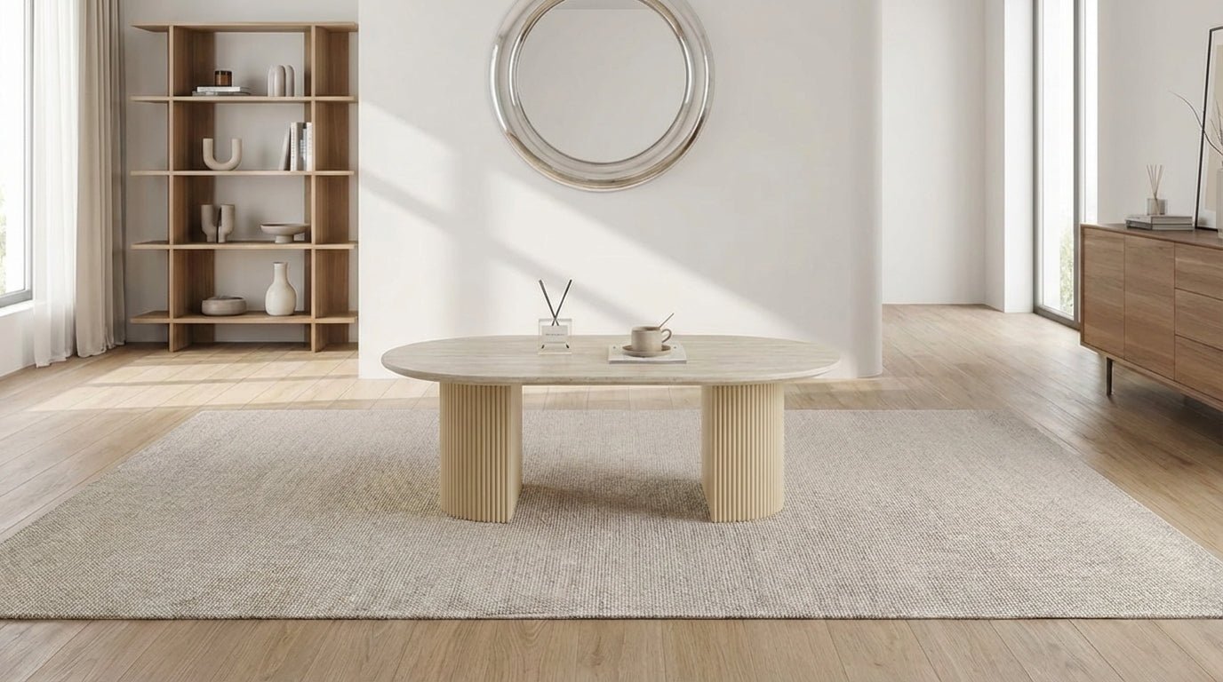 Table basse 110 cm CALYPSO avec plateau ovale céramique design - TRUST INDUSTRIE - Travertin - 