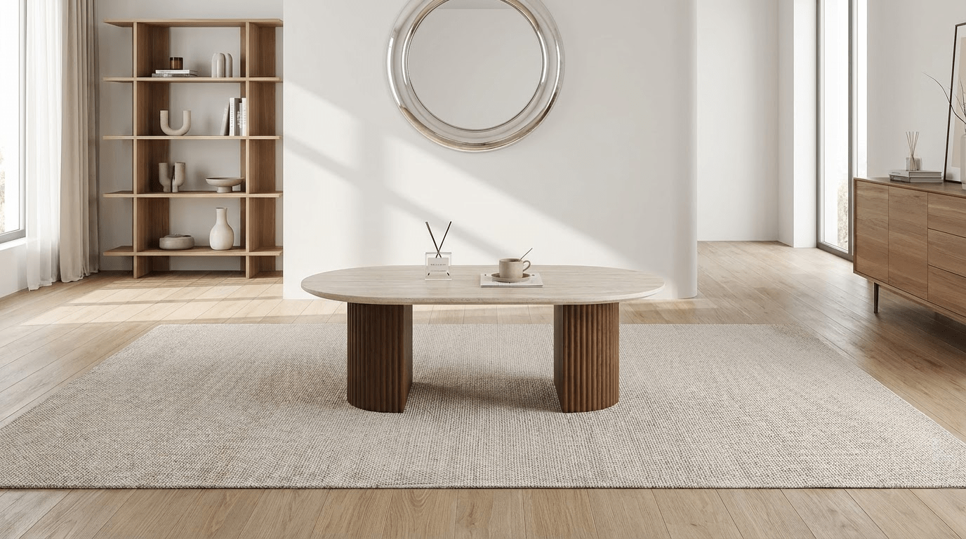 Table basse 110 cm CALYPSO avec plateau ovale céramique design - TRUST INDUSTRIE - Bois noyer - 