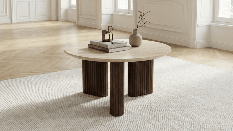 Table basse 70 cm ALBA avec plateau rond design bois effet travertin