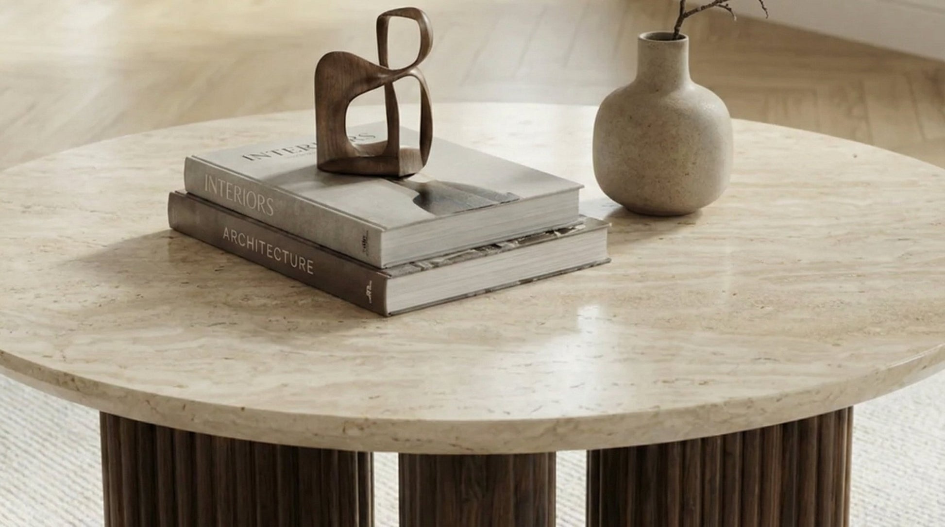 Table basse 70 cm ALBA avec plateau rond design bois effet travertin - TRUST INDUSTRIE - 