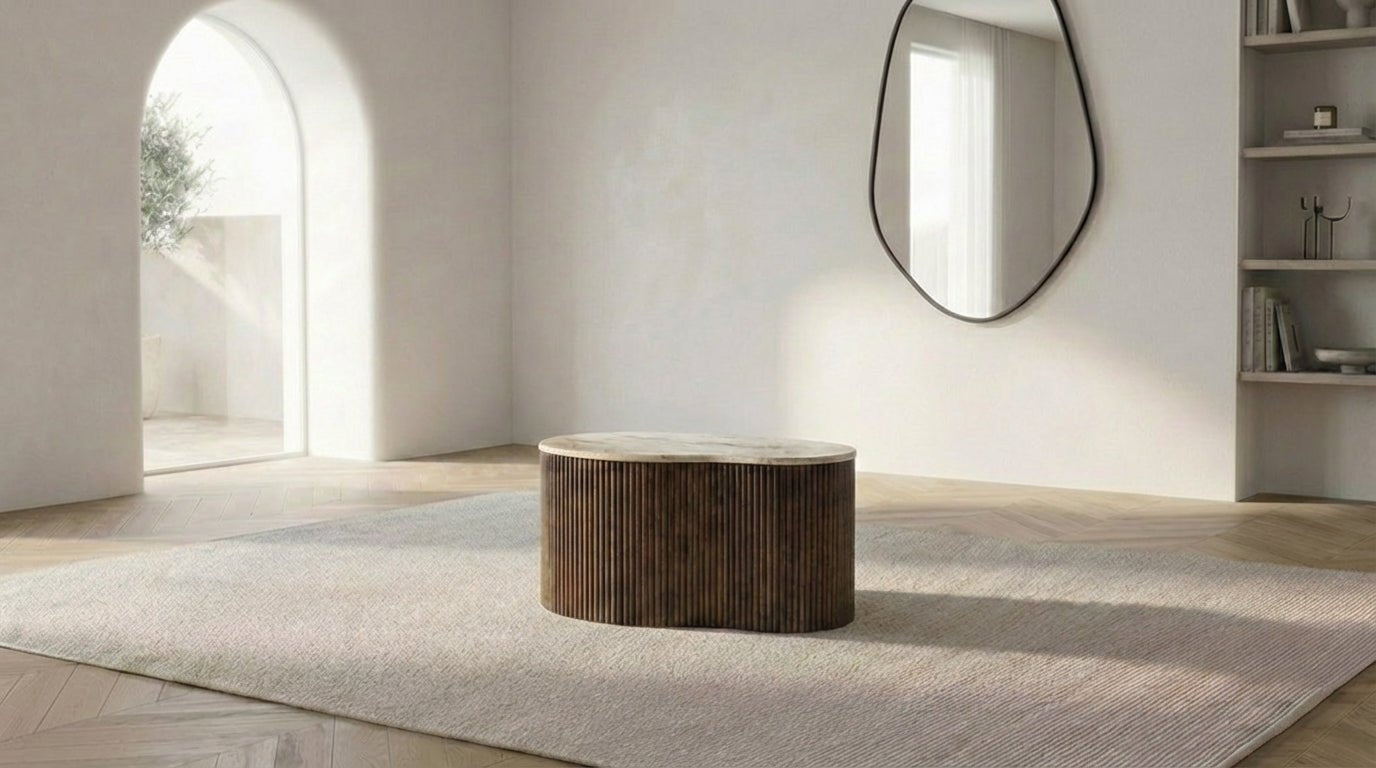 Table basse 70 cm MARI S avec plateau design effet travertin - TRUST INDUSTRIE - Travertin - Bois de manguier marron - 