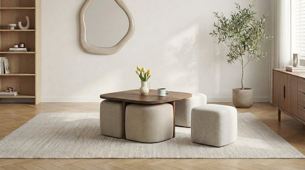 Table basse 80 cm MARBELLA avec plateau carré design bois effet noyer avec 4 poufs en tissu tweed gris - TRUST INDUSTRIE - Effet bois noyer - Effet bois noyer - 