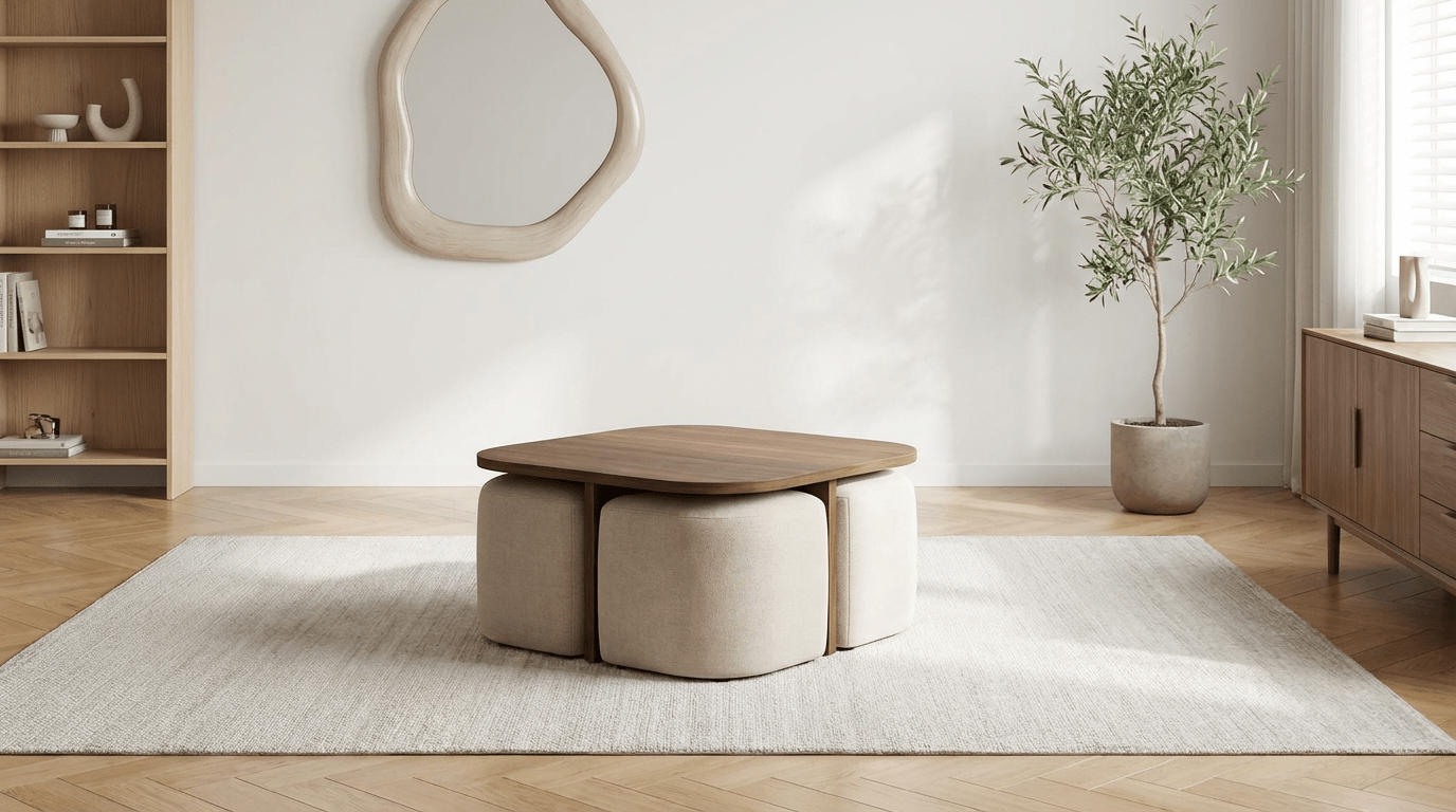 Table basse 80 cm MARBELLA avec plateau carré design bois effet noyer avec 4 poufs en tissu tweed gris - TRUST INDUSTRIE - Effet bois noyer - Effet bois noyer - 
