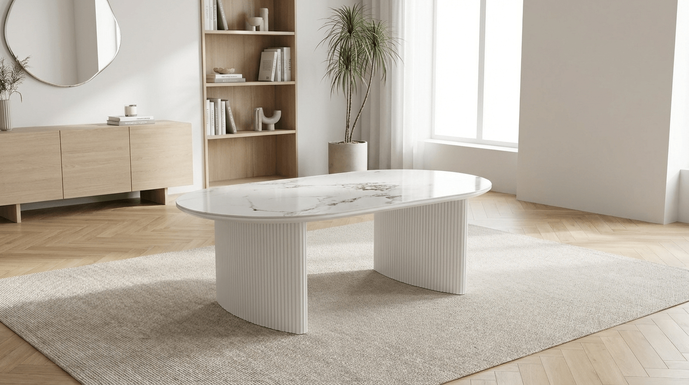 Table basse ovale JOSEPHINE avec plateau en céramique 130X70 et pieds bois - TRUST INDUSTRIE - Marbré blanc - 