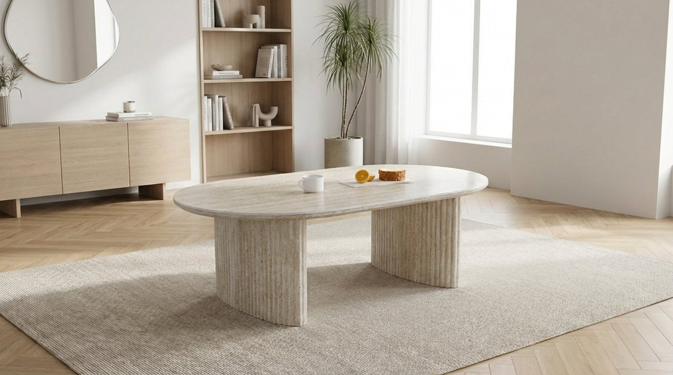 Table basse ovale JOSEPHINE avec plateau en céramique 130X70 et pieds bois - TRUST INDUSTRIE - Travertin - 