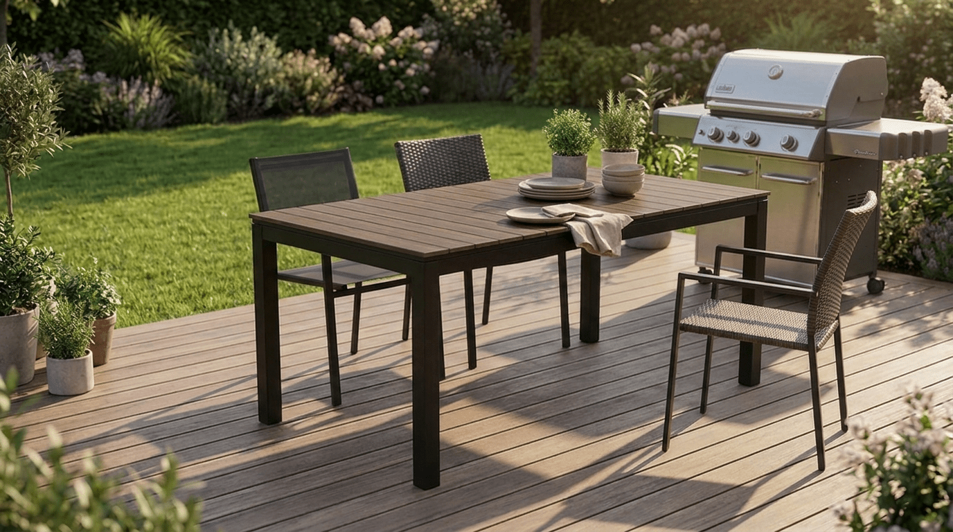 Table de jardin ARGOS extensible en métal et composite - TRUST INDUSTRIE - Chêne - 140–180 cm - 