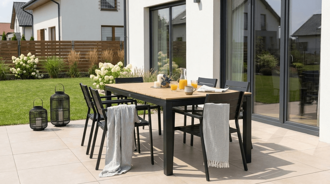 Table de jardin ARGOS extensible en métal et composite - TRUST INDUSTRIE - Chêne - 140–180 cm - 