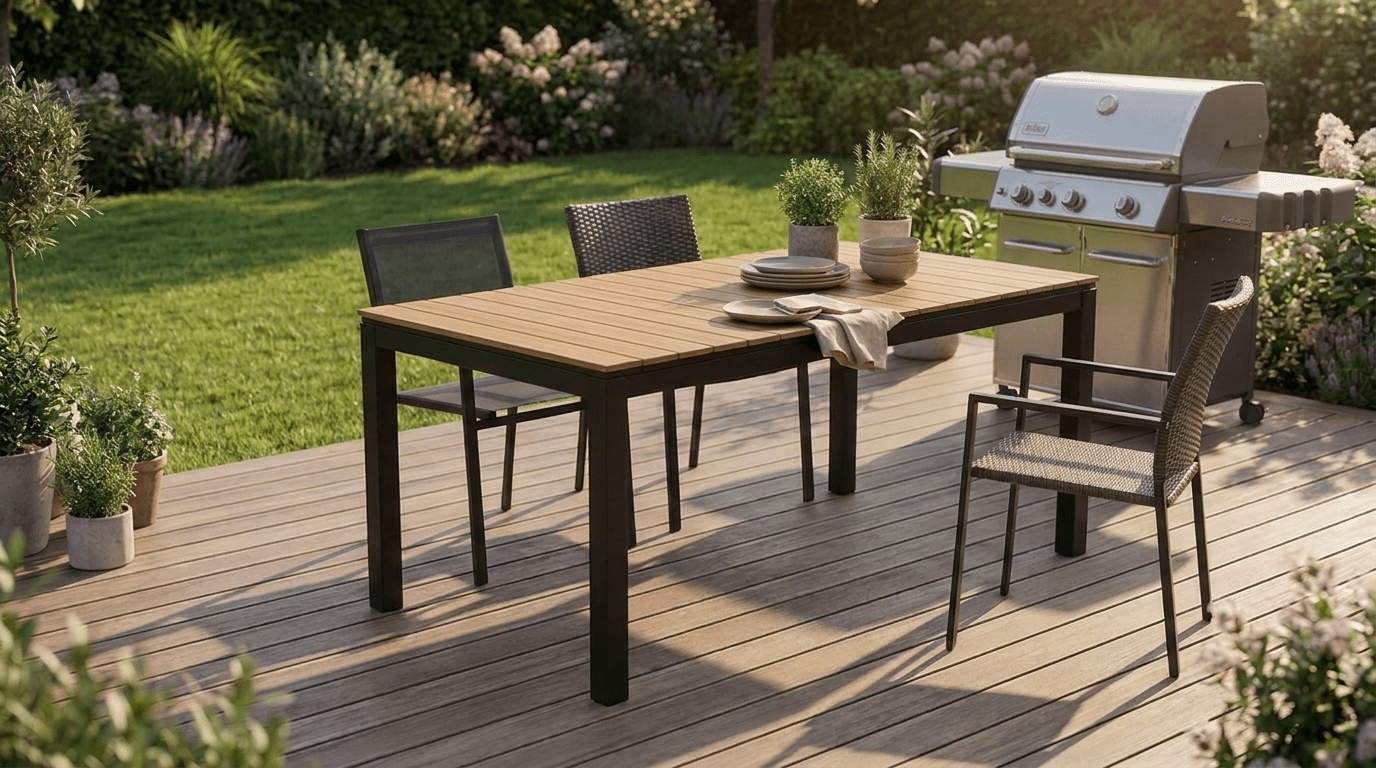 Table de jardin ARGOS extensible en métal et composite - TRUST INDUSTRIE - Chêne - 140–180 cm - 