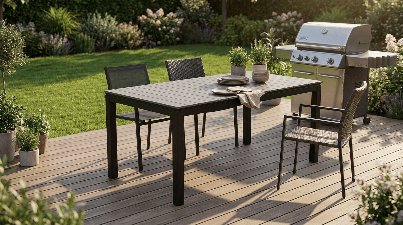 Table de jardin ARGOS extensible en métal et composite - TRUST INDUSTRIE - Chêne - 140–180 cm - 