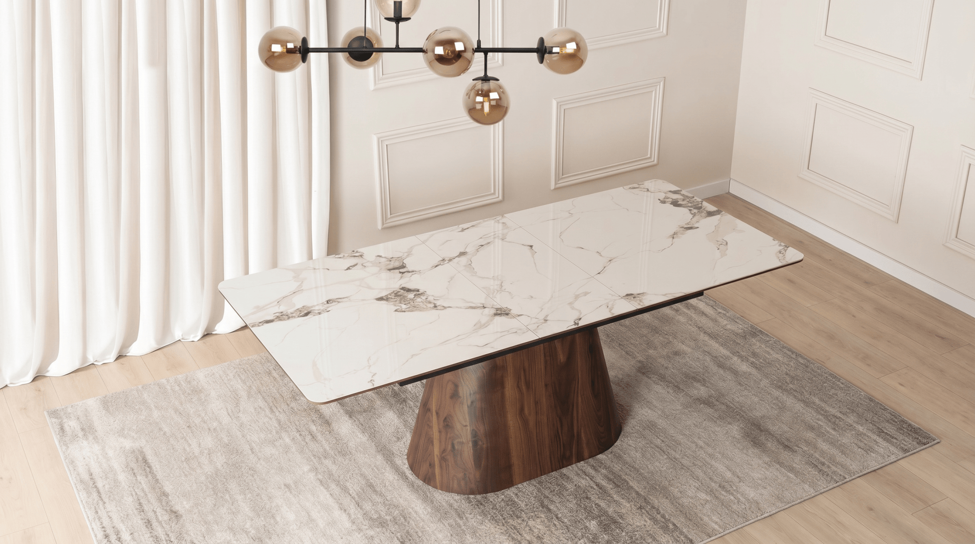 Table extensible en céramique LIZBONA 160 - 200 cm - TRUST INDUSTRIE - Marbre blanc - Effet Noyer - 