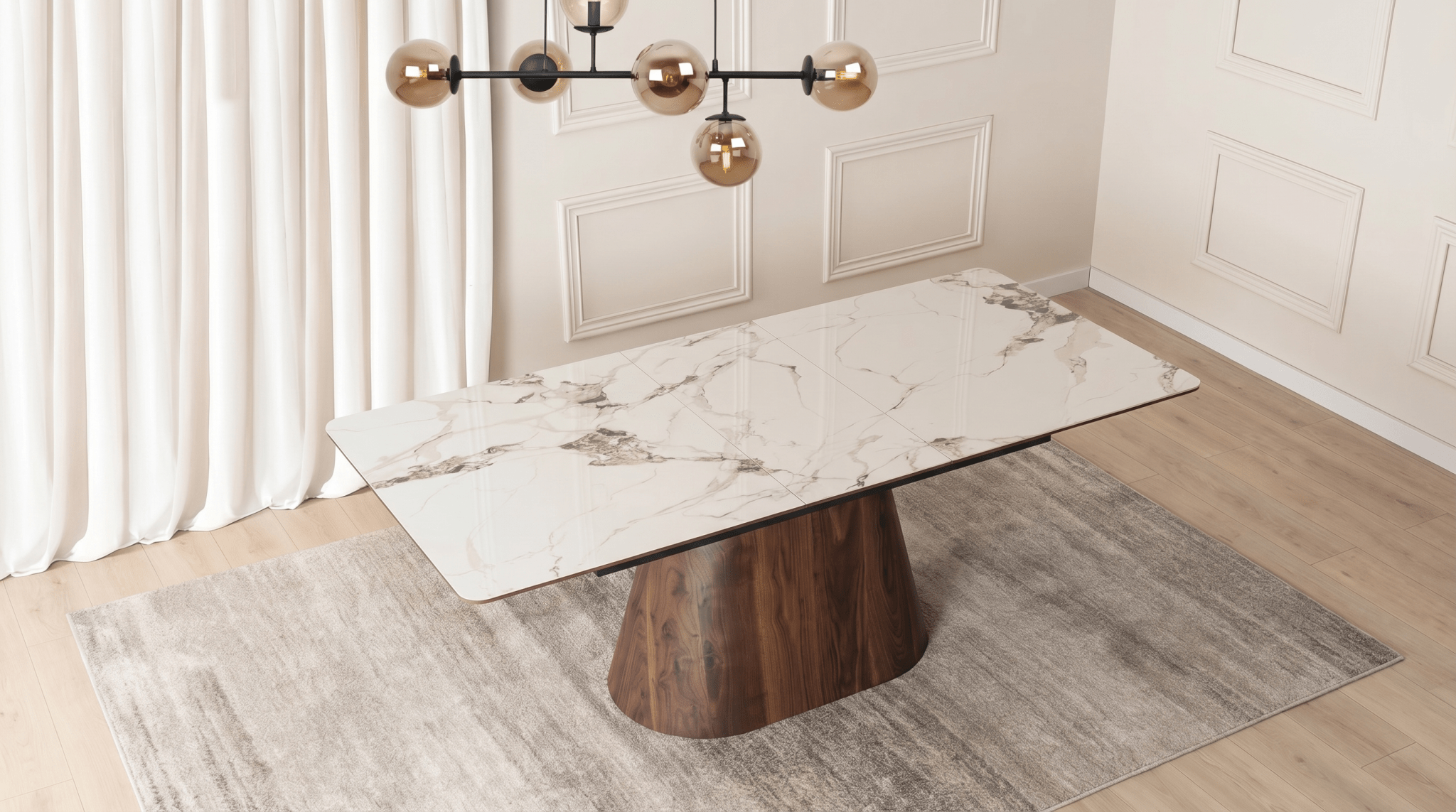 Table extensible en céramique LIZBONA 160 - 200 cm - TRUST INDUSTRIE - Marbre blanc - Effet Noyer - 