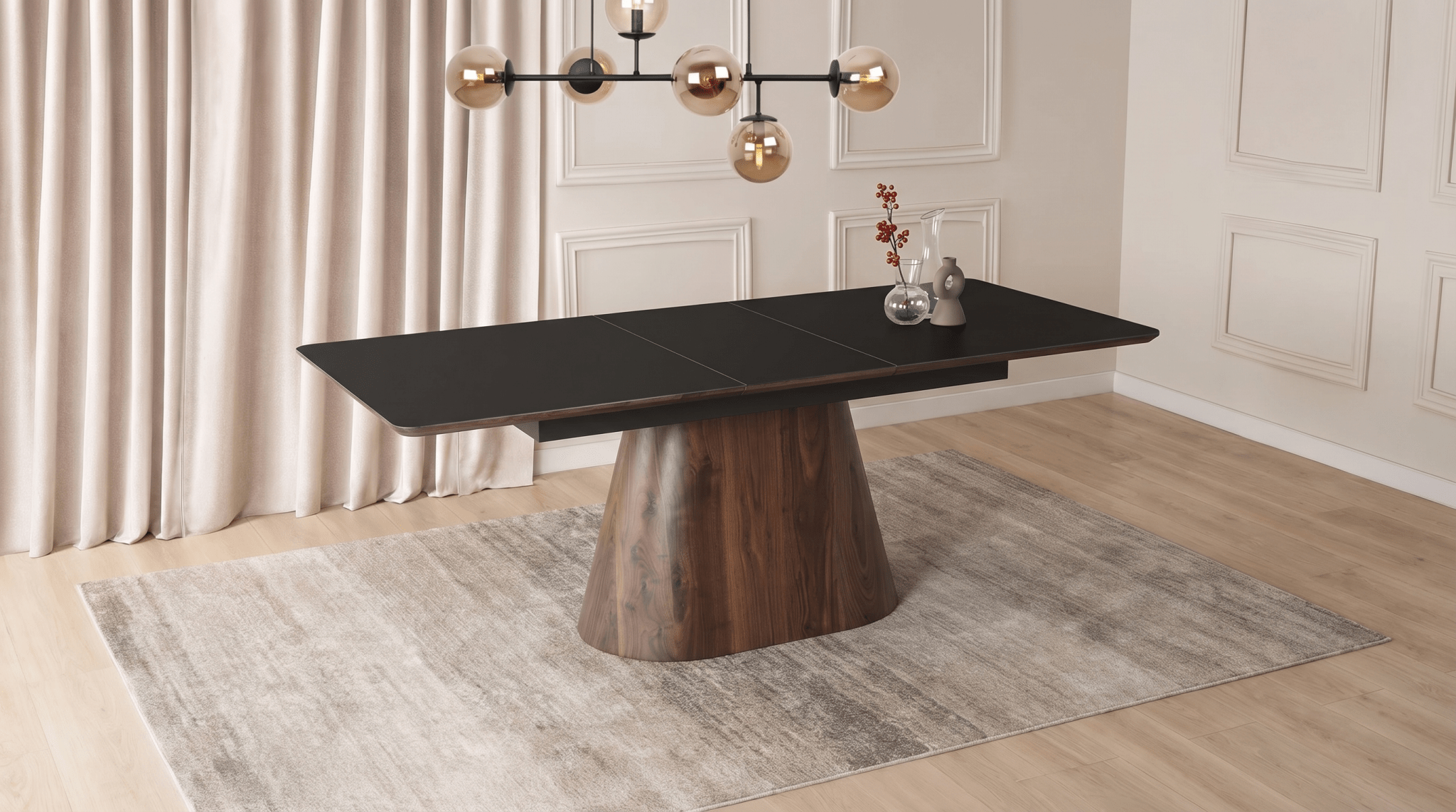 Table extensible en céramique LIZBONA 160 - 200 cm - TRUST INDUSTRIE - Marbre blanc - Effet Noyer - 