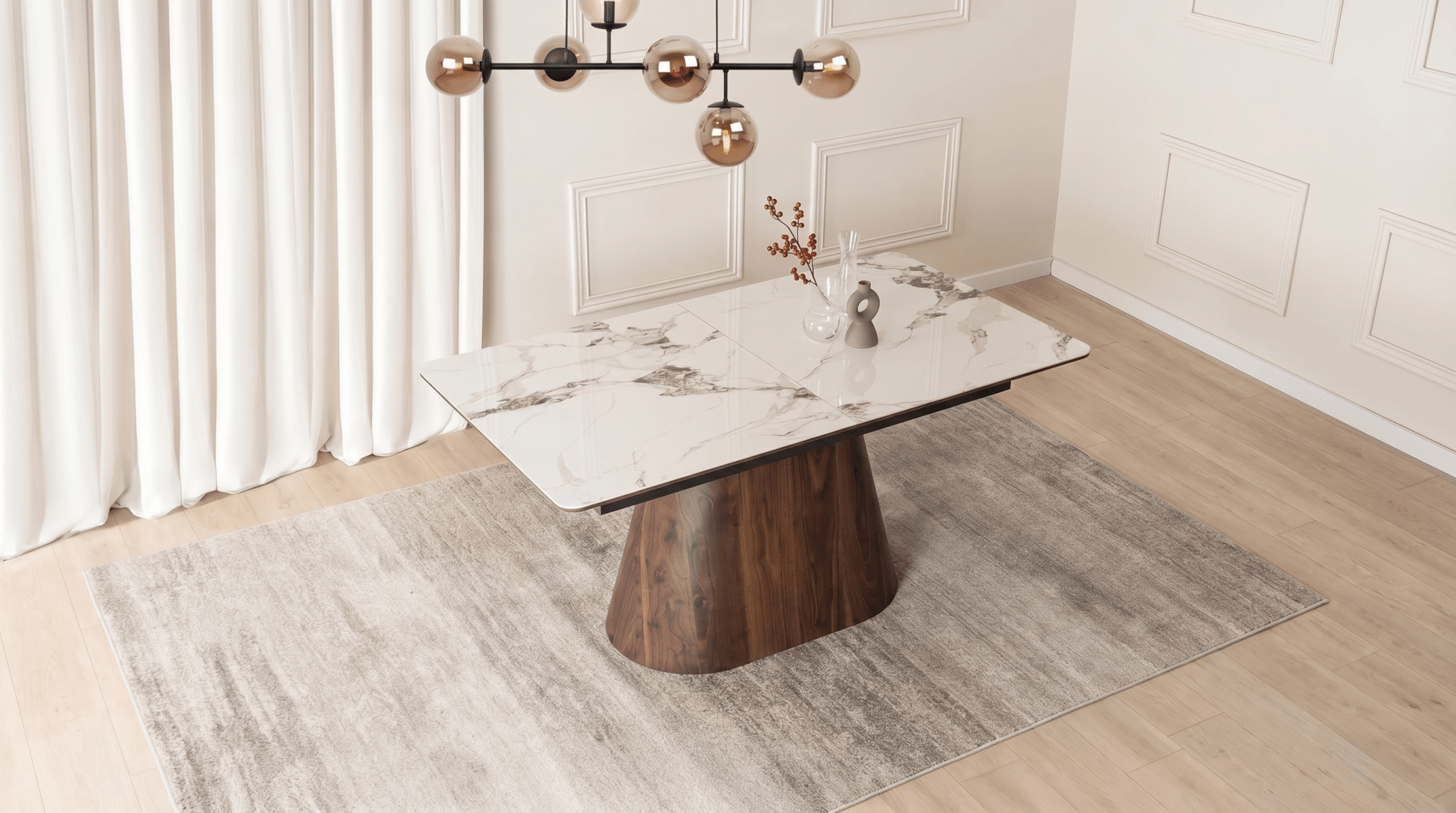 Table extensible en céramique LIZBONA 160 - 200 cm - TRUST INDUSTRIE - Marbre blanc - Effet Noyer - 