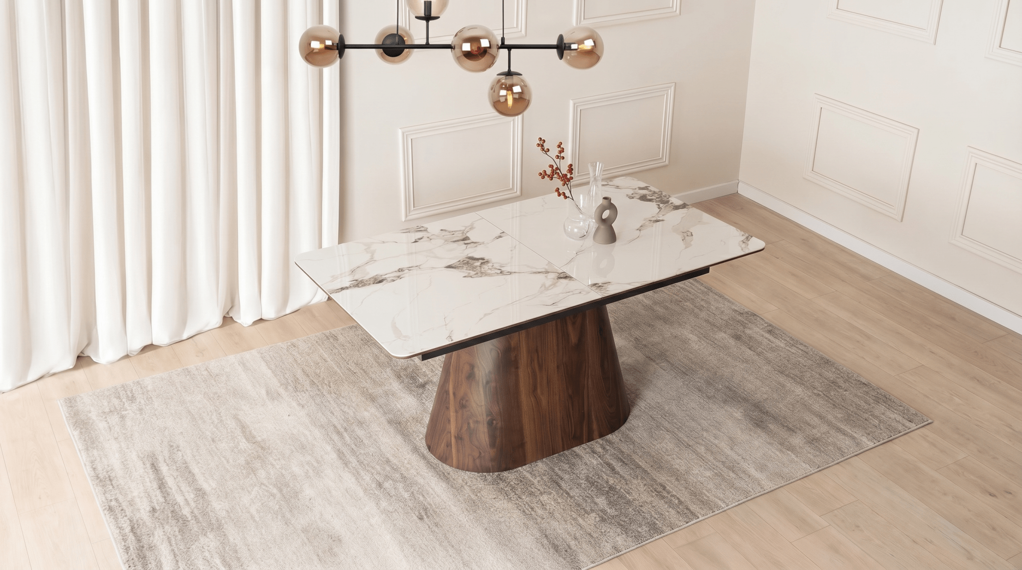 Table extensible en céramique LIZBONA 160 - 200 cm - TRUST INDUSTRIE - Marbre blanc - Effet Noyer - 
