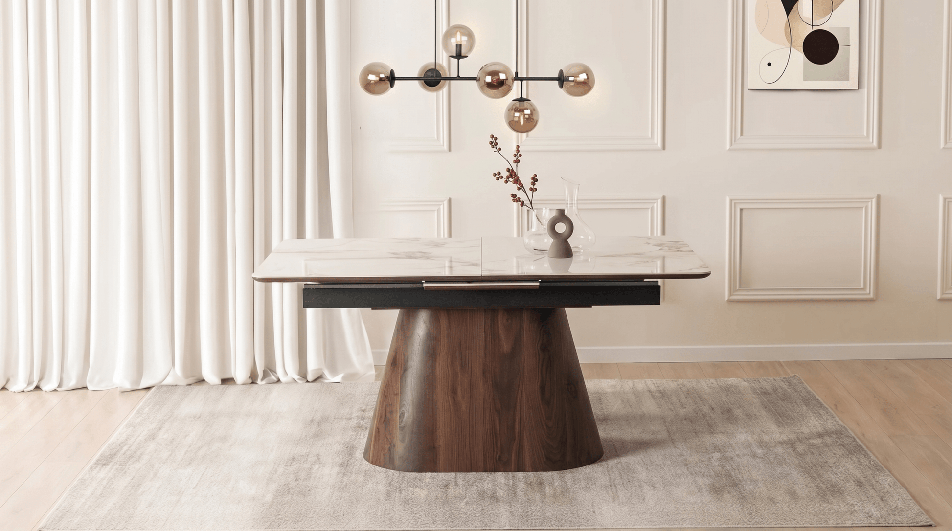 Table extensible en céramique LIZBONA 160 - 200 cm - TRUST INDUSTRIE - Marbre blanc - Effet Noyer - 
